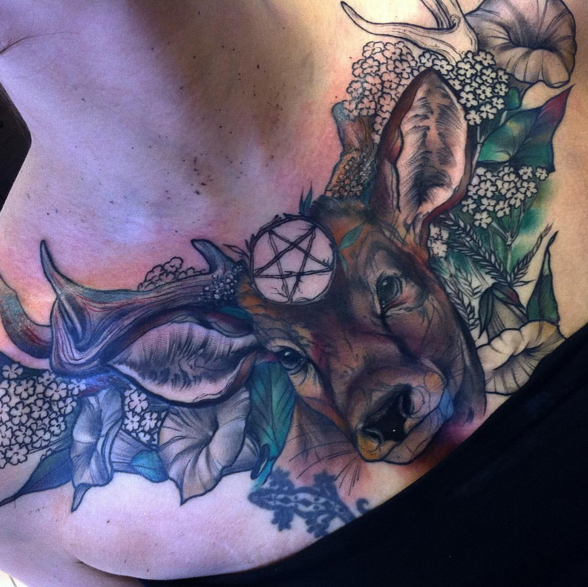 Pentagram Deer Flower Chest Tattoo by Freddie Albrighton TattooNOW